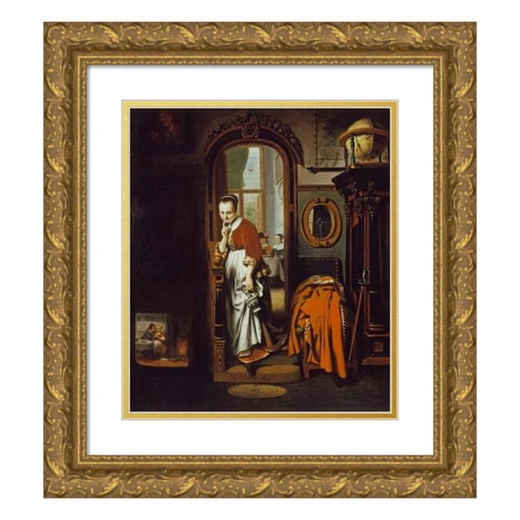 Nicolaes Maes 20x23 Gold Ornate Framed and Double Matted Museum Art Print Titled - The Listening Housewife (The Eavesdropper) (1656)