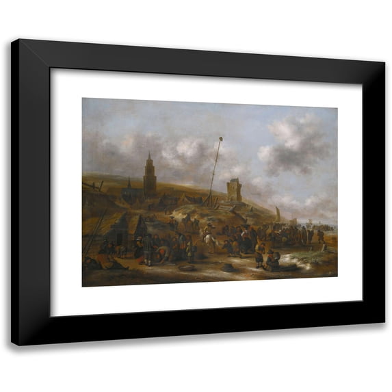 Nicolaes Molenaer 18x14 Black Modern Framed Museum Art Print Titled - The Beach at Scheveningen with Fishermen Unloading Their Catch