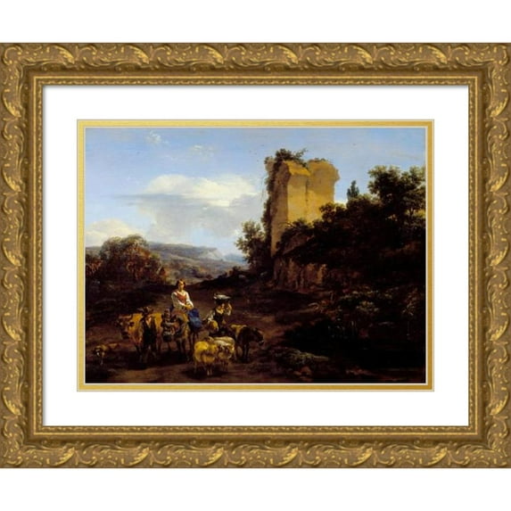 Nicolaes Pietersz. Berchem 14x11 Gold Ornate Wood Frame and Double Matted Museum Art Print Titled - Landscape with Ruins and Travelers (1654)