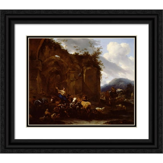 Nicolaes Pietersz. Berchem 23x20 Black Ornate Framed Double Matted Museum Art Print Titled: A Farrier and Peasants Near Roman Ruins