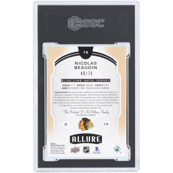Nicolas Beaudin Chicago Blackhawks Autographed 2020-21 Upper Deck Allure Blue Line Relic #79 #40/75 SGC Authenticated 9.5/10 Rookie Card - NHL Auctions Exclusive - Fanatics Authentic Certified