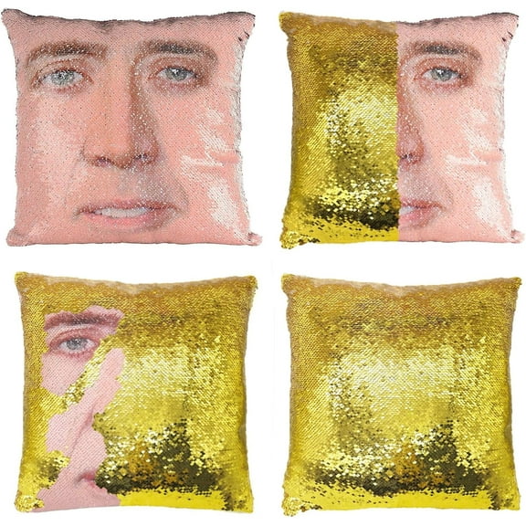 Nicolas Cage Pillow Covers Sequin Pillow Cases Funny Gag Gifts Reversible Sequin Pillow Cover Decorative Throw Cushion Case 16 x 16 Inches (Gold)