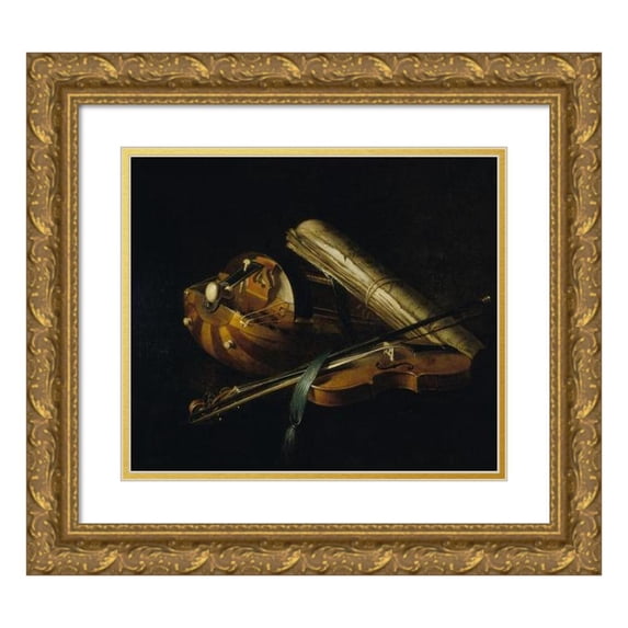 Nicolas-Henri Jeaurat de Bertry 23x20 Gold Ornate Framed and Double Matted Museum Art Print Titled - Still Life with Musical Instruments (1756)