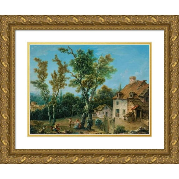 Nicolas Jacques Julliard 24x19 Gold Ornate Framed and Double Matted Museum Art Print Titled - Animated Landscape with a Farm