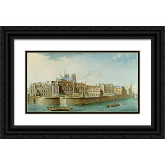 Nicolas Jean-Baptiste Raguenet 18x11 Black Ornate Wood Framed Double Matted Museum Art Print Titled - The Notre-Dame Cloister, Seen from Saint Louis Island (Quai D'Orleans) (1753)