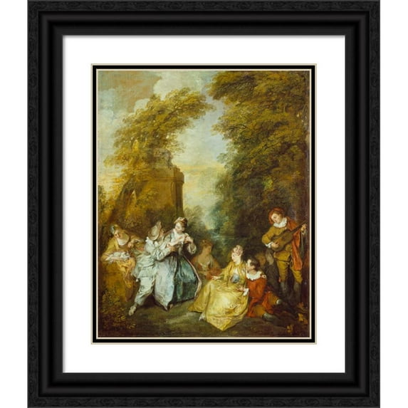 Nicolas Lancret 12x14 Black Ornate Wood Framed Double Matted Museum Art Print Titled: A Gallant Conversation (Conversation Galante) (1719)