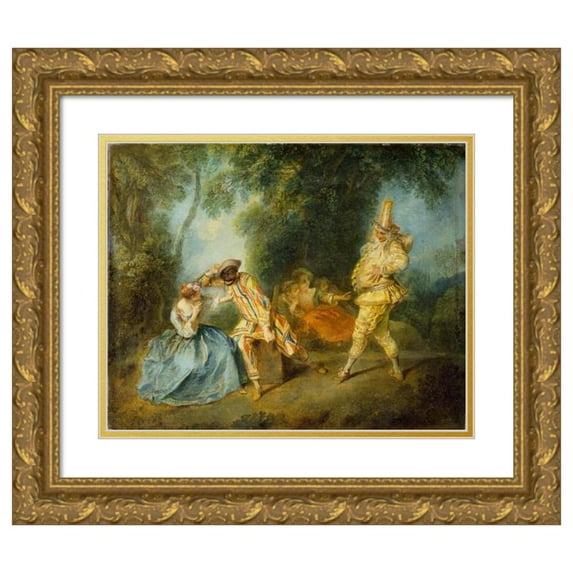 Nicolas Lancret 14x12 Gold Ornate Wood Frame and Double Matted Museum Art Print Titled - An Italian Comedy Scene (C.1734)