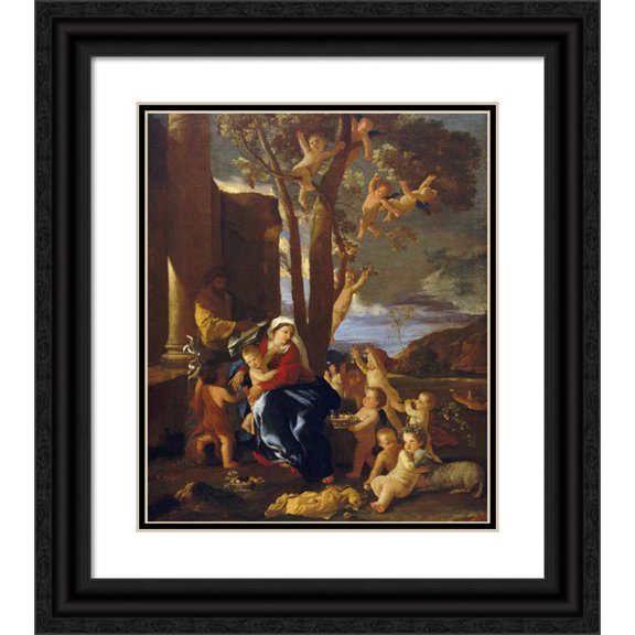 Nicolas Poussin 20x23 Black Ornate Framed Double Matted Museum Art Print Titled: The Holy Family with Saint John the Baptist (ca. 1627)