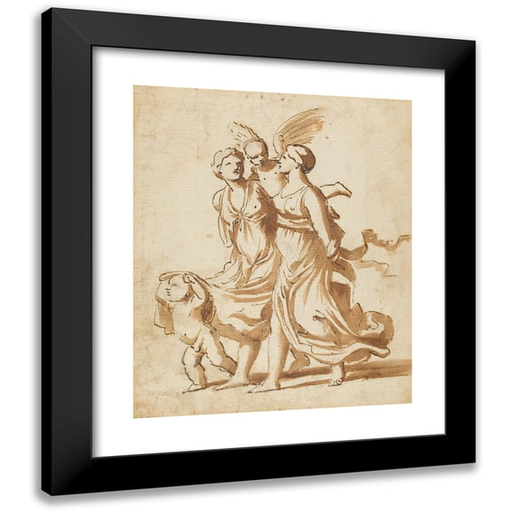 Nicolas Poussin 20x24 Black Modern Framed Museum Art Print Titled - Two Girls Accompanied by Cupid (1625)