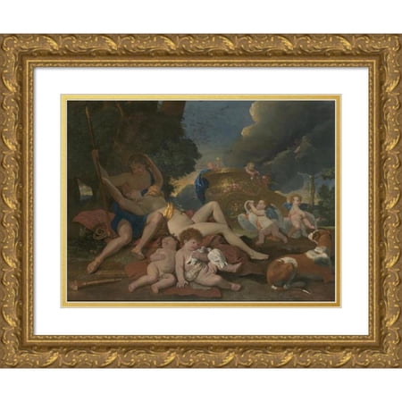 Nicolas Poussin 24x19 Gold Ornate Framed and Double Matted Museum Art Print Titled - Venus and Adonis (C. 1628-29)
