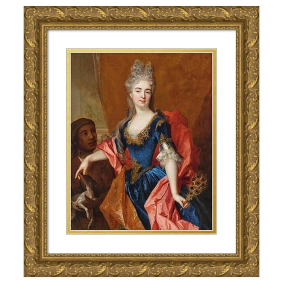 Nicolas de Largillière 20x24 Gold Ornate Framed and Double Matted Museum Art Print Titled - Portrait of a Lady, Holding a Peacock Feather Fan with Her Servant, Holding a Dog