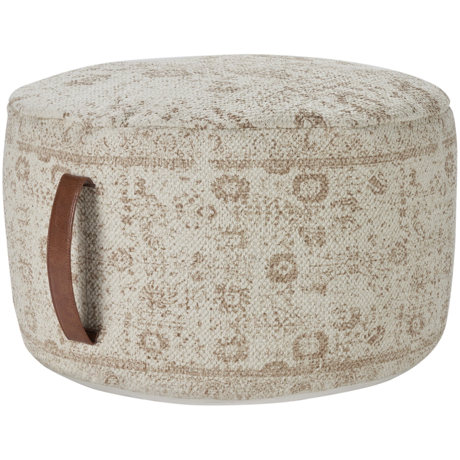 Ivory Beige Cotton Upholstered Round Pouf with Faux Leather Handle