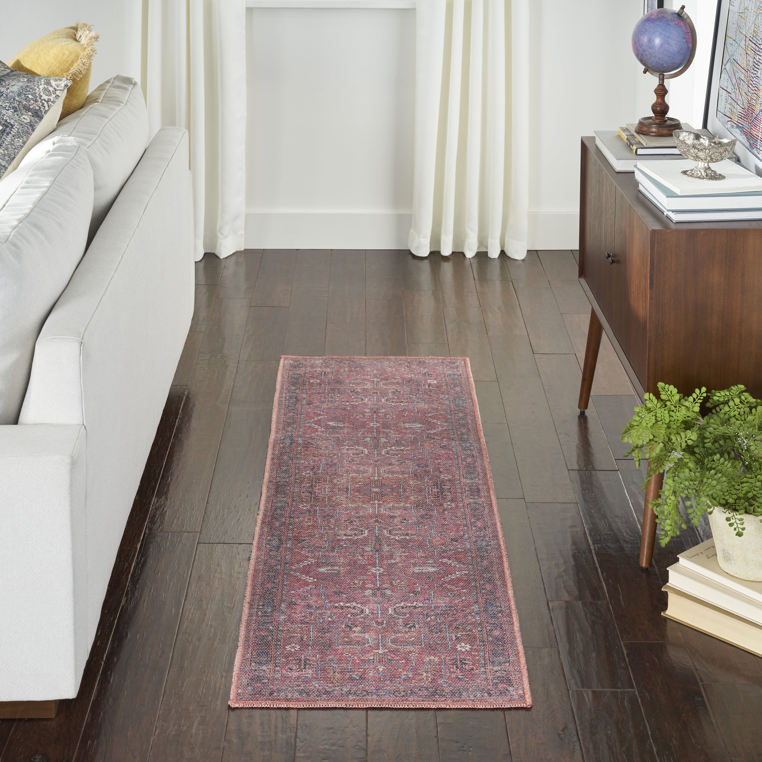 Brick Red Cotton Chenille Runner Rug with Distressed Persian Pattern
