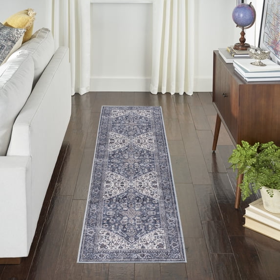 Nourison Home Machine Washable Series 1 2'2" x 12' Navy Ivory Vintage Indoor Rug