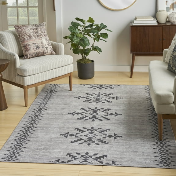 Nicole Curtis Machine Washable Series 1 Geometric Ivory/Charcoal 5'3" x 7'3" Area Rug, (5x7)