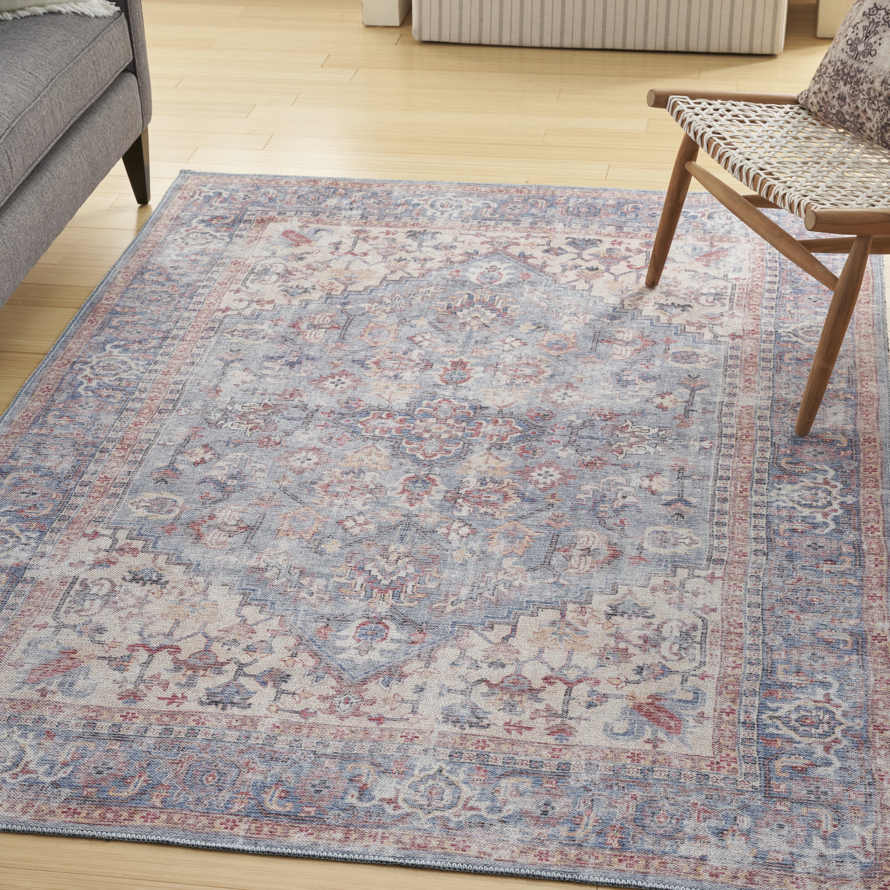 Blue and Red Floral Cotton Chenille Rectangular Area Rug, 6' x 9'