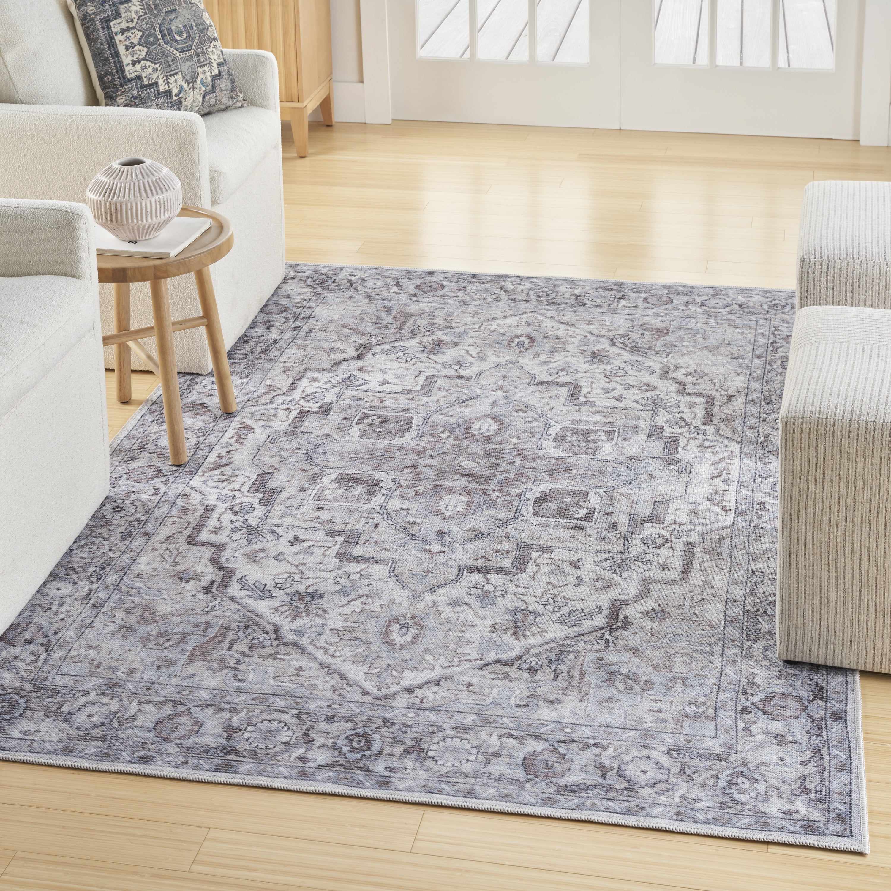 Ivory Beige Floral Cotton Chenille 6' x 9' Area Rug