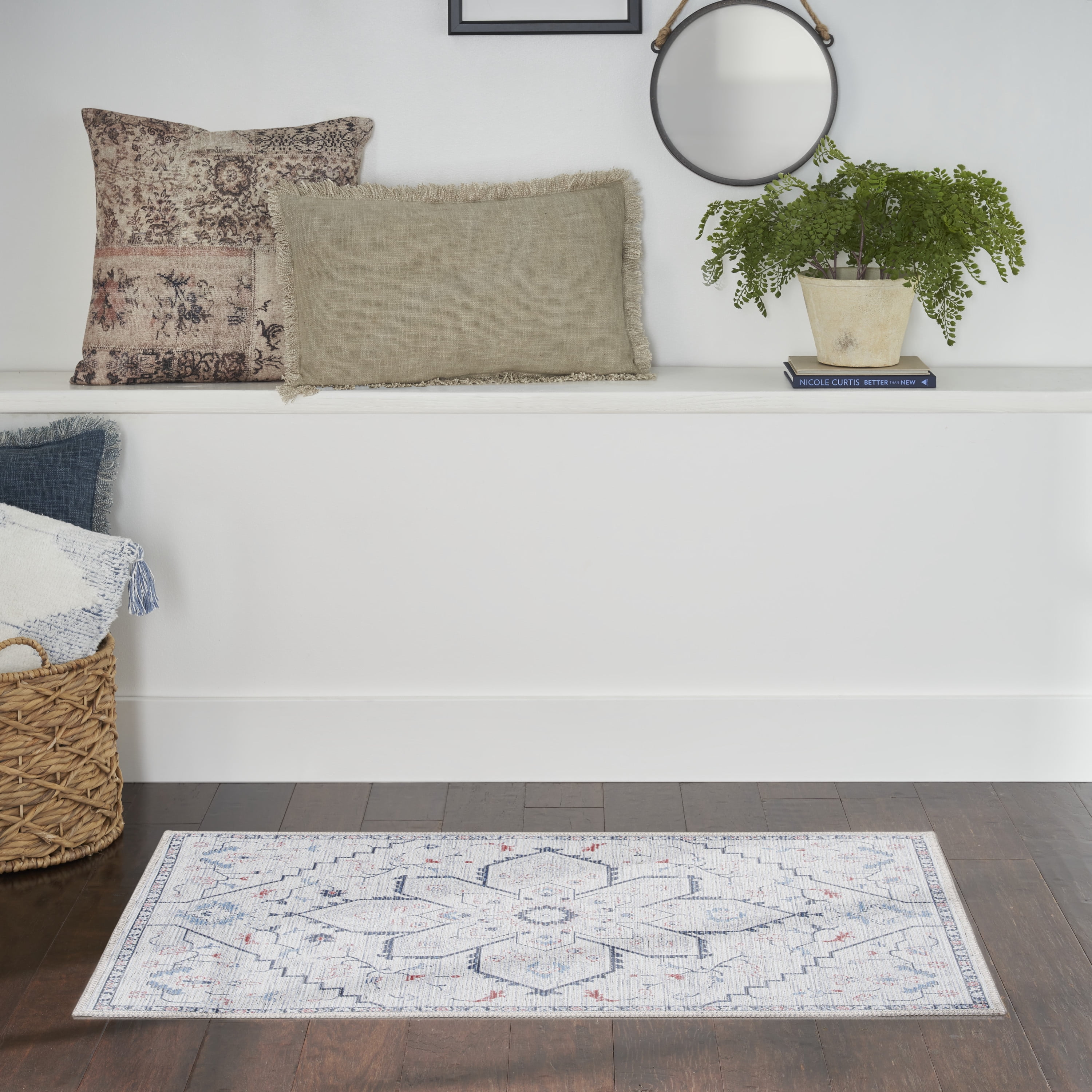 Blue and Ivory Floral Cotton Synthetic Rectangular Area Rug