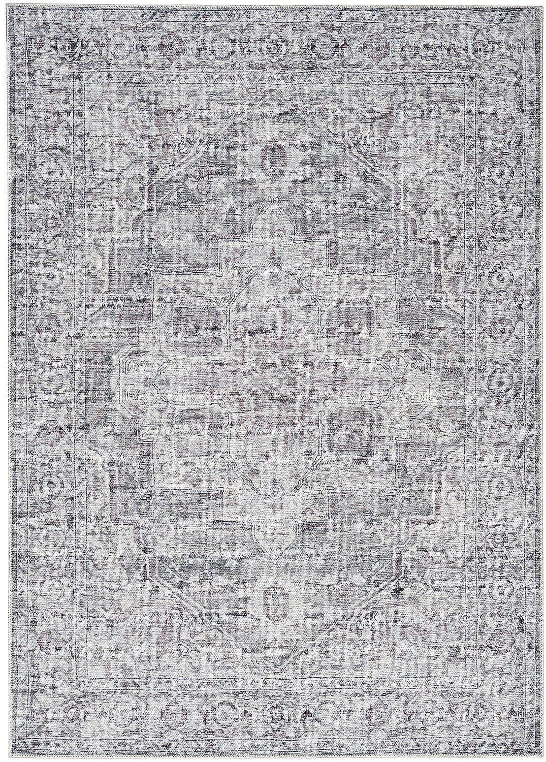 Ivory Grey Floral Cotton Chenille Washable Rug 5' x 7'