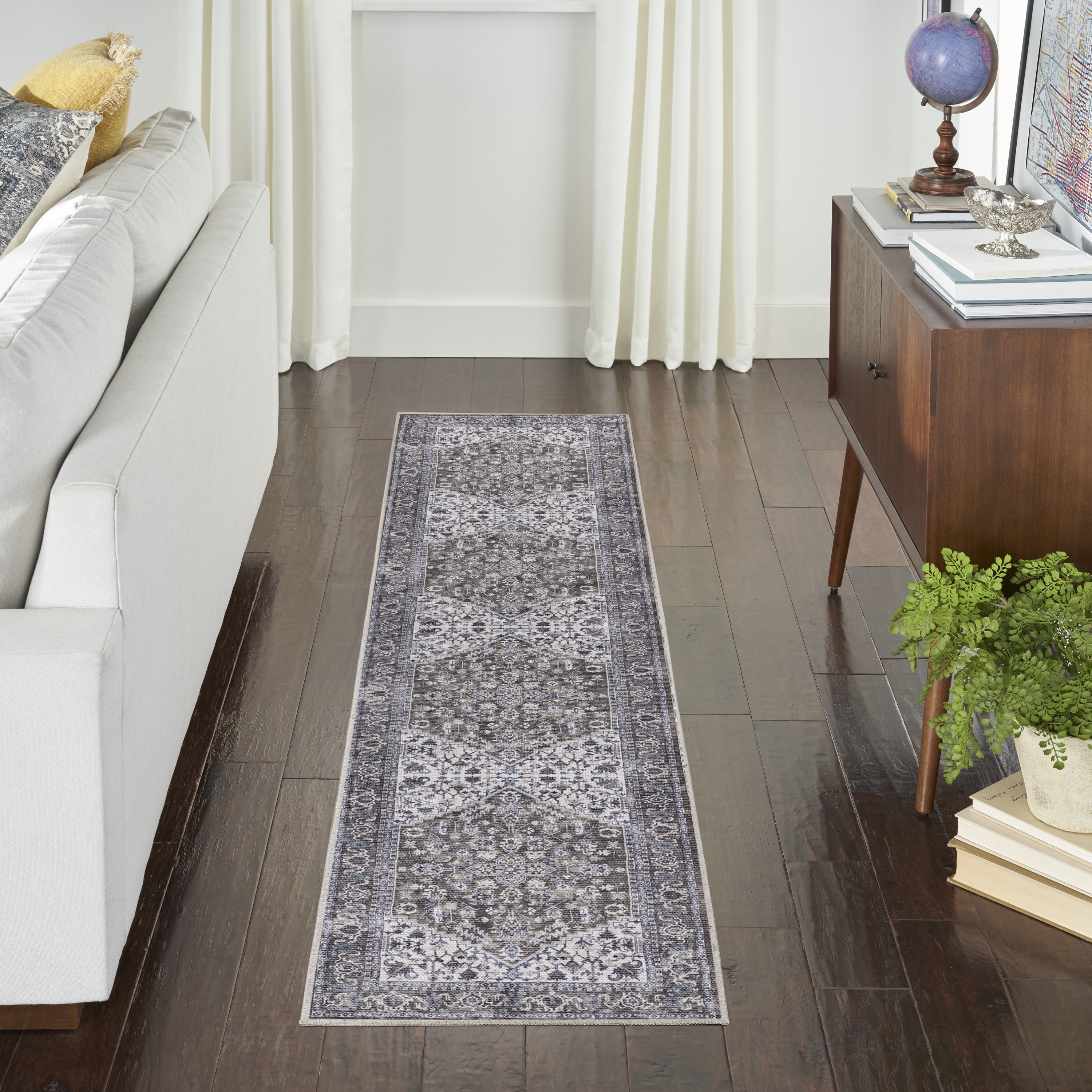 Olive Ivory Floral Cotton Chenille Runner Rug