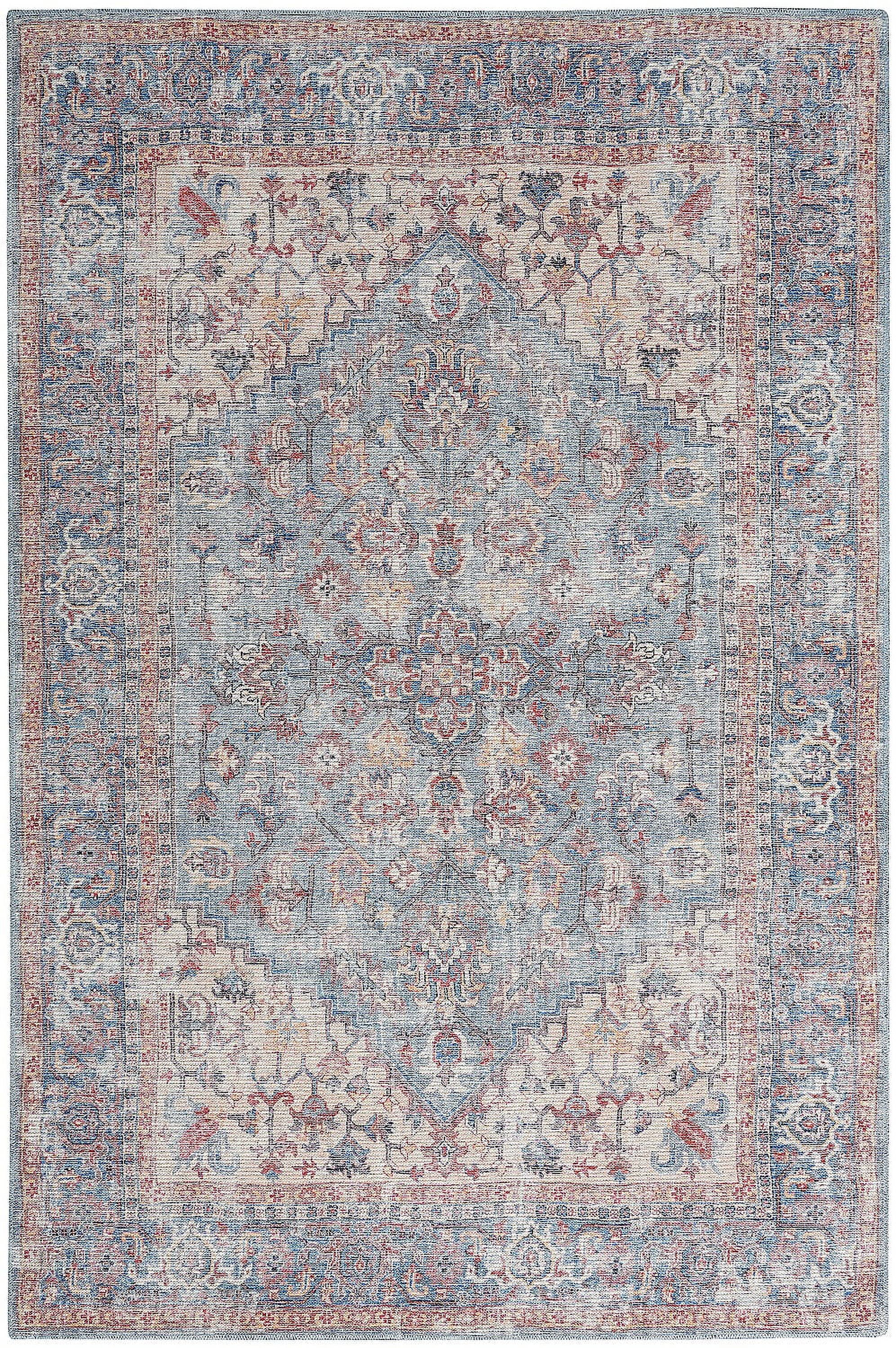Vintage-Style Blue Floral Medallion Cotton Chenille Area Rug, 5'3" x 7'3"