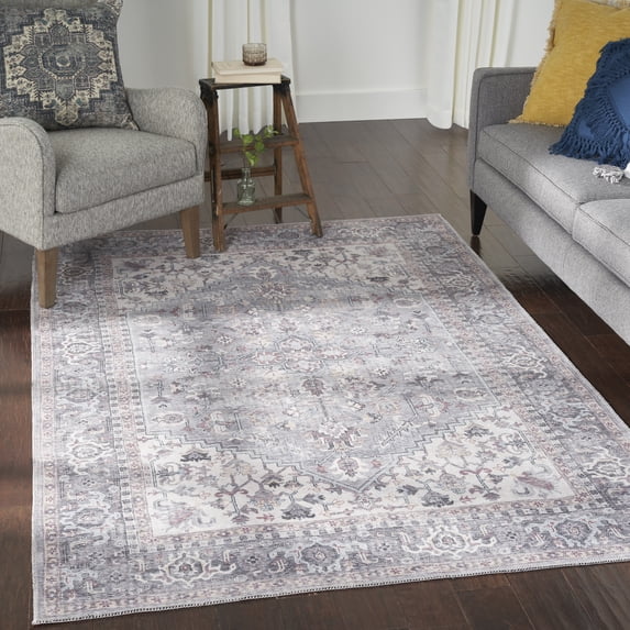 Nourison Home Machine Washable Traditional Boho Grey 5'3" x 7'3" Area Rug, (5' x 7')