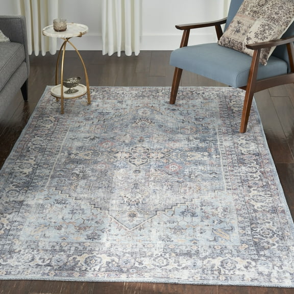 Nourison Home Machine Washable Traditional Boho Light Grey/Blue 5'3" x 7'3" Area Rug, (5' x 7')