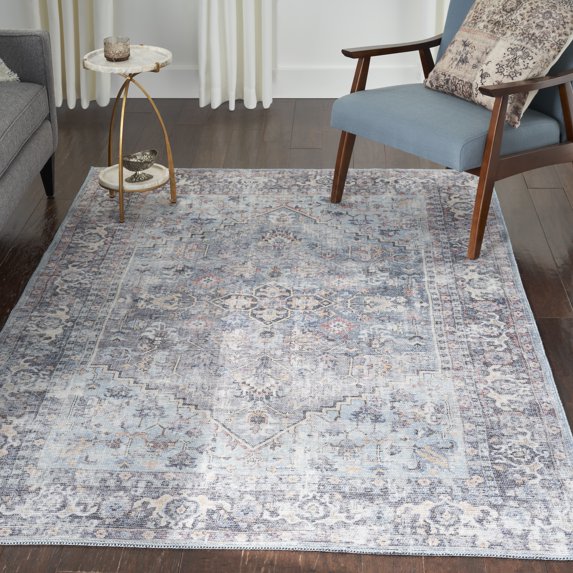 Nourison Home Machine Washable Traditional Boho Light Grey/Blue 5'3" x 7'3" Area Rug, (5' x 7')