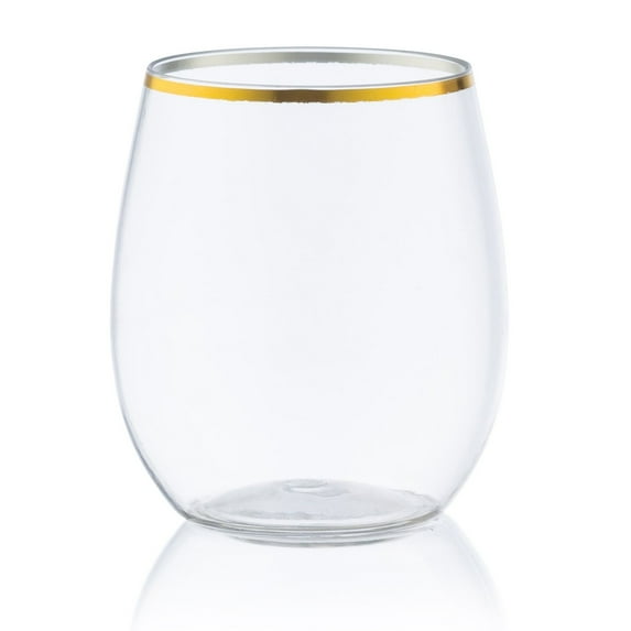 Nicole Fantani's Disposable Plastic Gold Rim Stemless Wine Goblet 12 oz Unbreakable Champagne Glasses Cocktail Glasses for Elegant Parties & Wedding