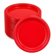 VeZee 9 Red Disposable Plastic Plates Microwave Safe | Party Dinnerware, Catering Supplies, Restaurant & Event Tableware 100 Count