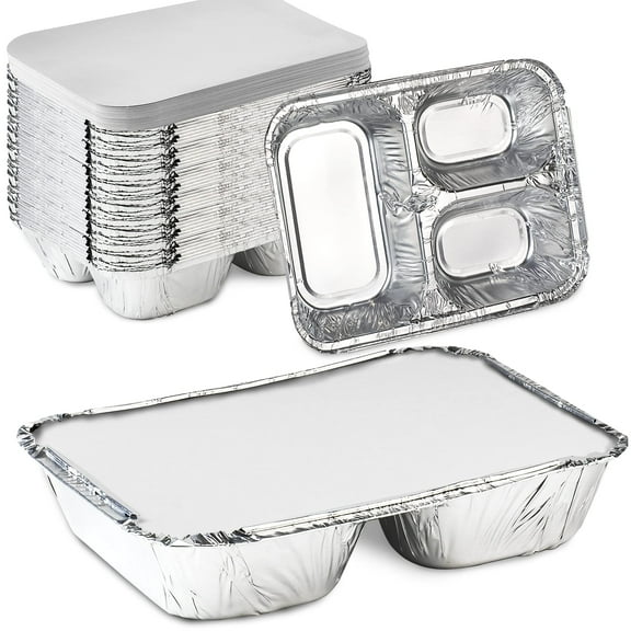 Nicole Fantini's Disposable Aluminum 8 1/2" x 6 3/8" Three Compartment Oblong Foil Tray with Aluminum Lid | Best Take-out Container: 10 Sets