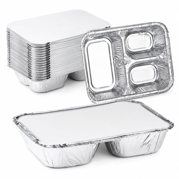 Nicole Fantini's Disposable Aluminum 8 1/2" x 6 3/8" Three Compartment Oblong Foil Tray with Aluminum Lid | Best Take-out Container: 10 Sets