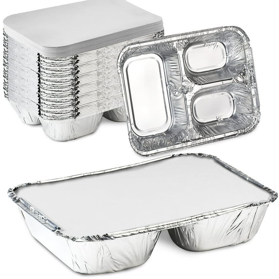 Nicole Fantini's Disposable Aluminum 8 1/2" x 6 3/8" Three Compartment oblong Foil Tray with Aluminum Lid | Best Take-out Container: 15 Sets