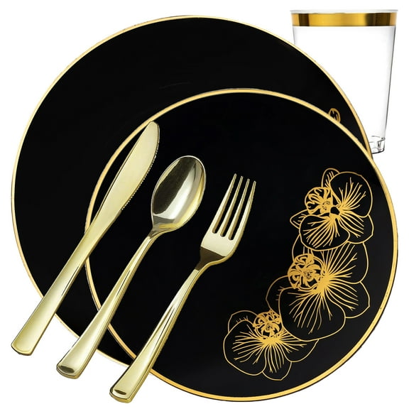 Nicole Fantini's Elegant Orchard Collection Party Dinner Sets: Economical Stylish Black & Gold Party Serving for 50 Person: 400 pices