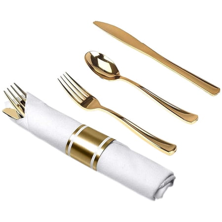 Nicole Fantini's LILLIAN Pre-Rolled 1680 Pieces Gold-polished Extra Heavy Weight Full Size Cutlery Wrapped in & Linen-Like Napkin for individual guests for Elegant & Stylish Parties: 42 Packs
