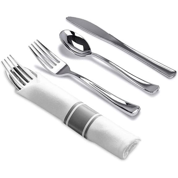 Nicole Fantini's LILLIAN Pre-Rolled 960 Pieces Silver Polished Extra Heavy Wight Full Size Cutlery & Linen-Like Napikin with Wrape Sets for Elegant & Stylish Parties: 240 Guest Serving