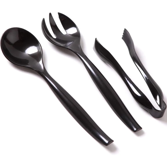 Nicole Fantini's Plastic Serving Utensils, Black Heavy Duty Disposable utensil | Set 10" Spoons 10" Forks 6" Tongs | 2 Each in One Set| 6 Pcs