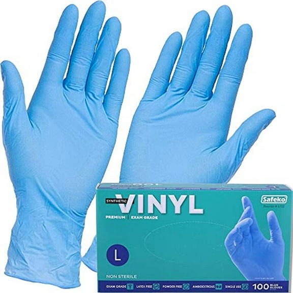 Nicole Fantini's Safeko Vinyl Powder Free, Disposable Exam Grade Premium Blue Synthetic Gloves - Latex Free, Medium, Box of 100 Gloves: 1 Case (10 Boxes)