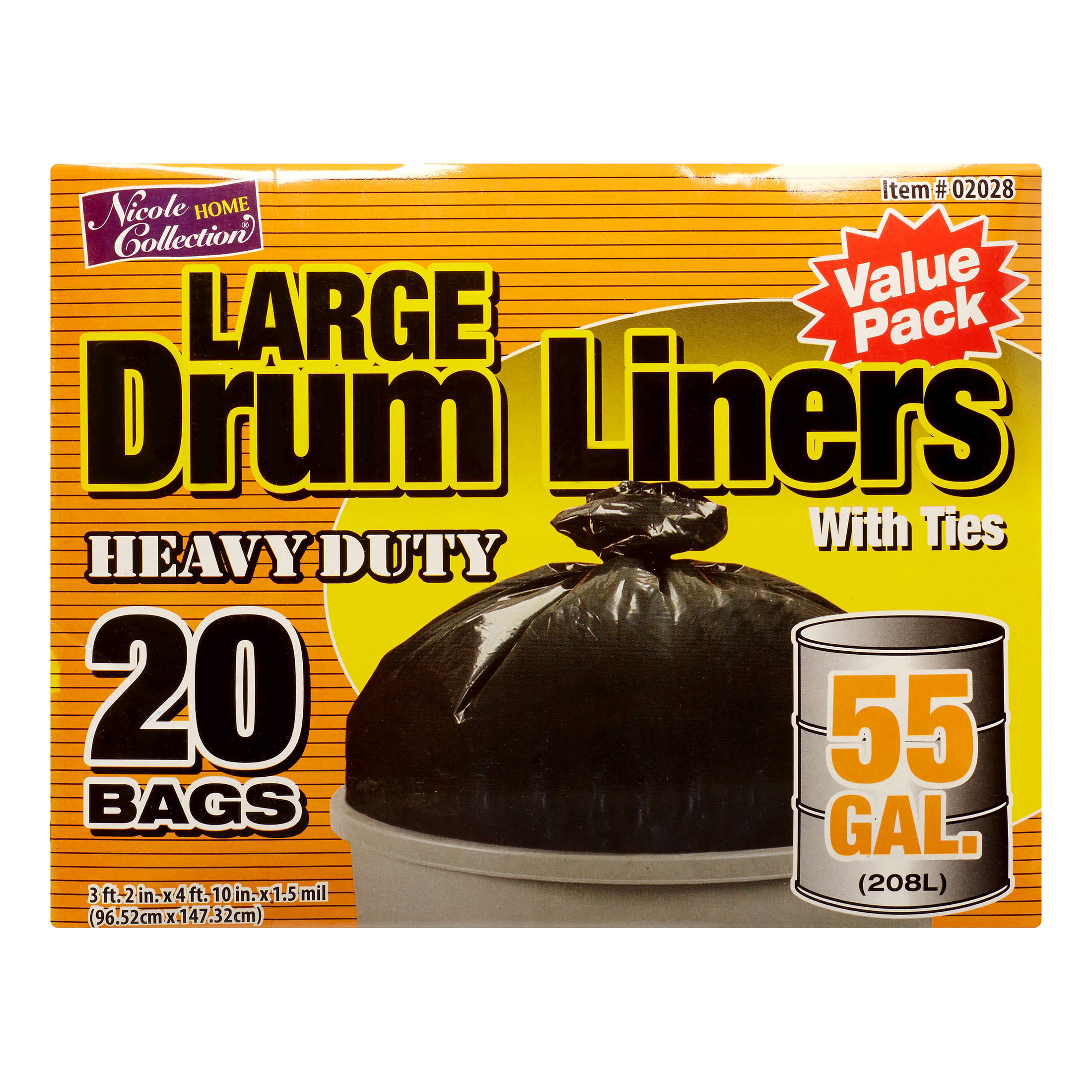 Nicole Home Collection Heavy Duty Drum Liners Trash Bags, 55 Gallon, Black, 20 C