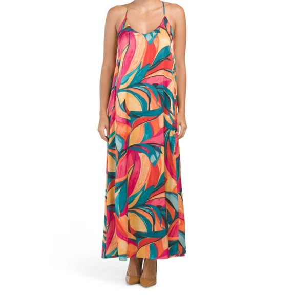 Nicole Miller Abstract Floral Print Slip on Satin Maxi Dress-Orange / S