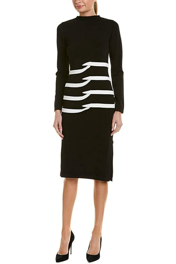 Artelier BLACK/IVORY Tidal Pleat Mock Neck Dress, US Petite