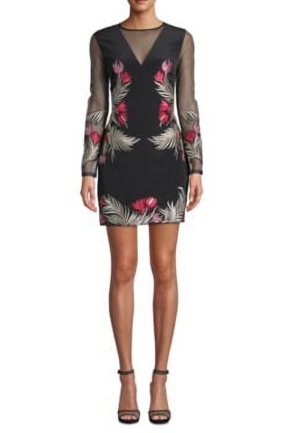 Artelier BLACK MULTI Flower Embroidered Long Sleeve Dress, US 2