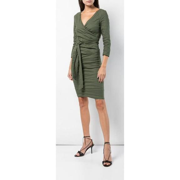 Nicole Miller Artelier COMBAT GREEN Solid Cotton Metal Wrap Dress, US 14