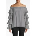 thumbnail image 1 of Nicole Miller Artelier LIGHT GREY Off The Shoulder Ruffle Blouse, US Petite, 1 of 3