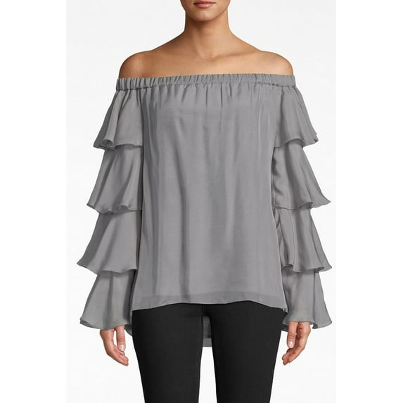 Nicole Miller Artelier LIGHT GREY Off The Shoulder Ruffle Blouse, US Petite