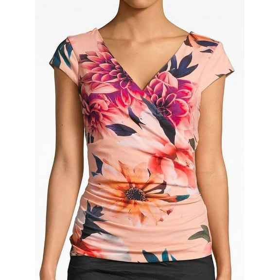 Nicole Miller Artelier PINK/MULTI Dahlia Bloom Jersey Logan VNeck Top, US Petite