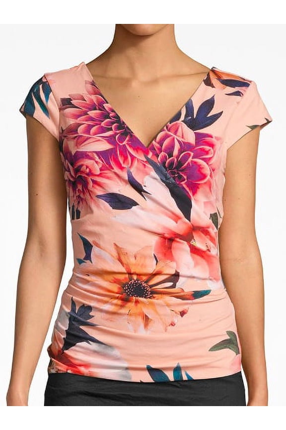 Artelier PINK/MULTI Dahlia Bloom Jersey Logan VNeck Top, US Petite
