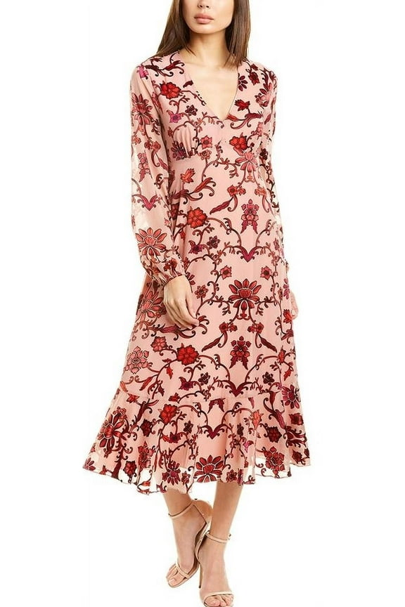 Artelier RED Ruffle-Hem Floral-Print Long Sleeve Dress, US 10