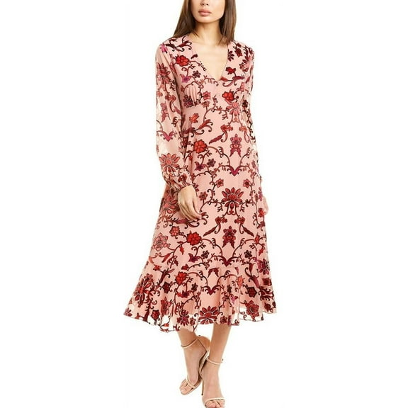 Nicole Miller Artelier RED Ruffle-Hem Floral-Print Long Sleeve Dress, US 4
