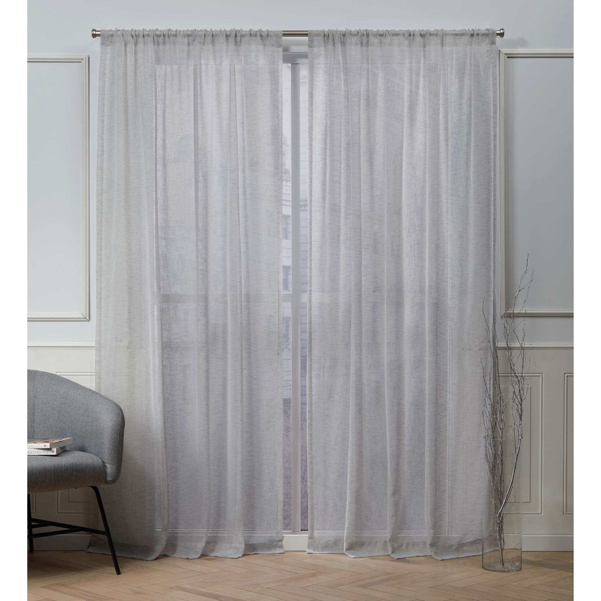 Nicole Miller Belfry Sheer Rod Pocket Top Curtain Panel Pair, 50"x96", Silver